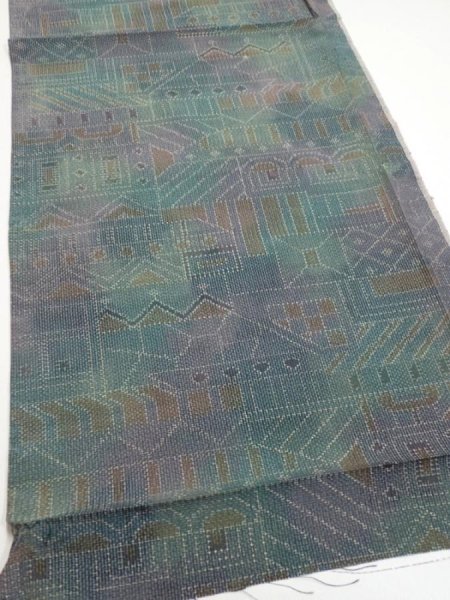 Photo2: 3R02z50  Japanese Kimono Silk TSUMUGI FABRIC  Dull cyan 41.3x14.6 (2)