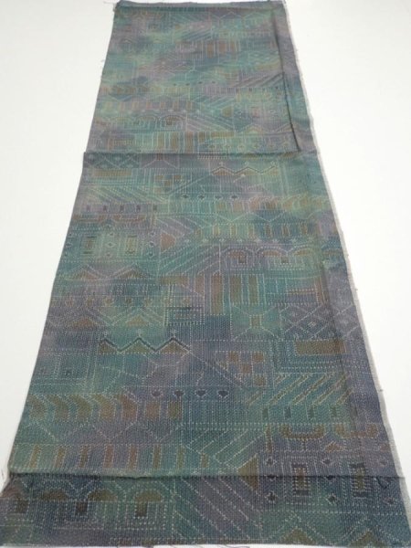 Photo4: 3R02z50  Japanese Kimono Silk TSUMUGI FABRIC  Dull cyan 41.3x14.6 (4)