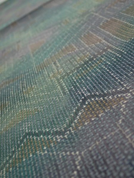 Photo5: 3R02z50  Japanese Kimono Silk TSUMUGI FABRIC  Dull cyan 41.3x14.6 (5)