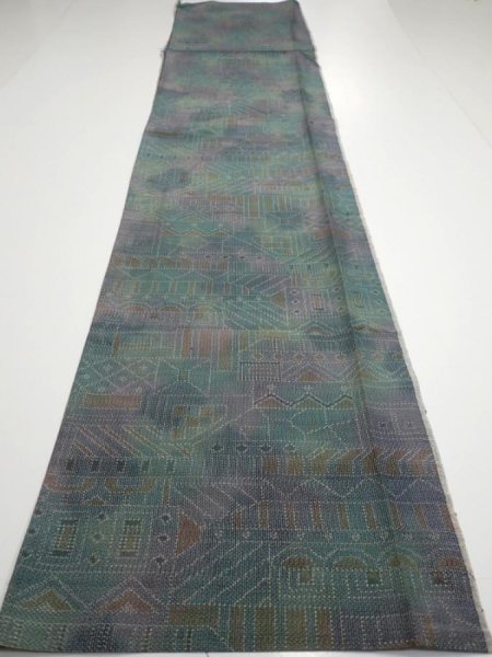 Photo5: 3R04z80  Japanese Kimono Silk TSUMUGI FABRIC  Dull cyan 65.7x14.6 (5)