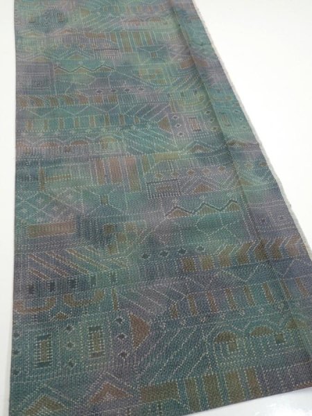 Photo2: 3R06z80  Japanese Kimono Silk TSUMUGI FABRIC  Dull cyan 66.1x14.6 (2)