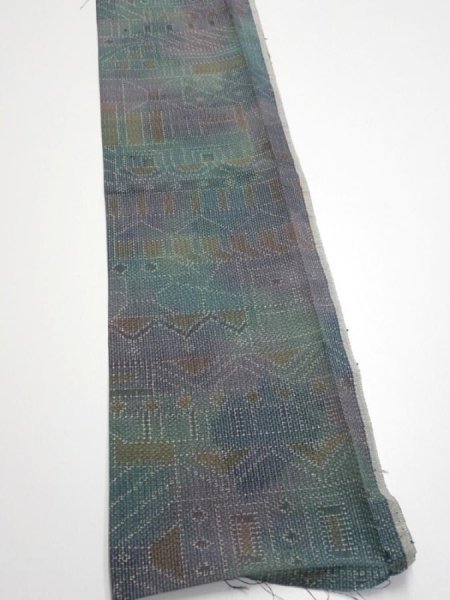Photo2: 3R07z40  Japanese Kimono Silk TSUMUGI FABRIC  Dull cyan 59.1x7.3 (2)