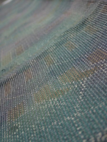 Photo4: 3R08z40  Japanese Kimono Silk TSUMUGI FABRIC  Dull cyan 59.4x7.3 (4)