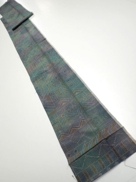 Photo5: 3R09z50  Japanese Kimono Silk TSUMUGI FABRIC  Dull cyan 84.3x7.3 (5)