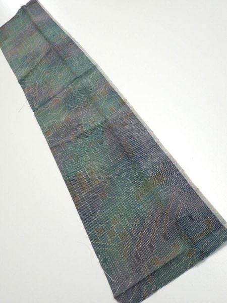 Photo1: 3R10z20  Japanese Kimono Silk TSUMUGI FABRIC  Dull cyan 33.9x7.3 (1)