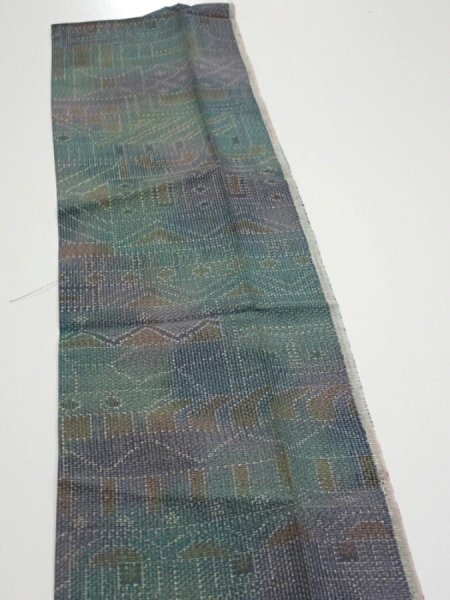 Photo3: 3R10z20  Japanese Kimono Silk TSUMUGI FABRIC  Dull cyan 33.9x7.3 (3)