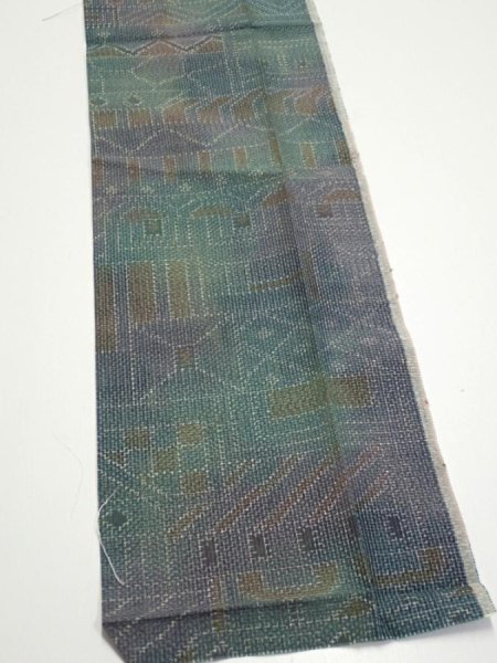 Photo4: 3R10z20  Japanese Kimono Silk TSUMUGI FABRIC  Dull cyan 33.9x7.3 (4)