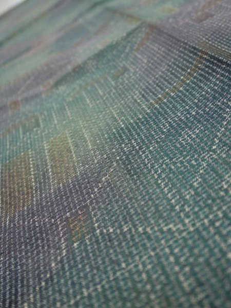 Photo5: 3R10z20  Japanese Kimono Silk TSUMUGI FABRIC  Dull cyan 33.9x7.3 (5)