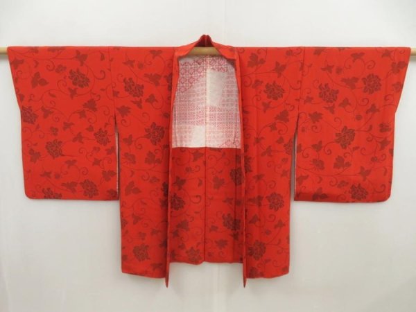 Photo1: 5329T01z600 Vintage Japanese Kimono Silk HAORI Rose Orange-Red (1)
