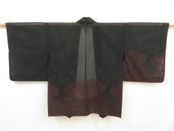 Photo1: 5329T04z230 Vintage Japanese Kimono Silk See through HAORI Bush clover Black (1)