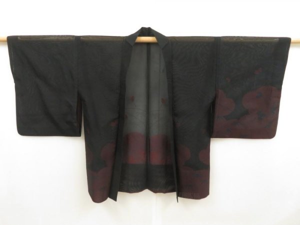 Photo5: 5329T04z230 Vintage Japanese Kimono Silk See through HAORI Bush clover Black (5)