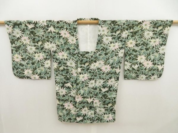 Photo1: 5329T07z510 Vintage Japanese Kimono Silk HAORI COAT Flower Dull green (1)