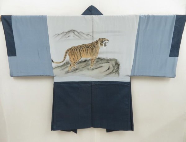 Photo1: 5329T09z670 Vintage Japanese Kimono Blend silk Men's HAORI Tiger Navy-Gray (1)