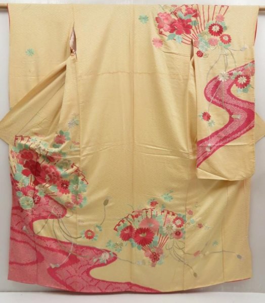 Photo1: 5329T12z1070 Vintage Japanese Kimono Silk FURISODE Folding fan Champagne (1)