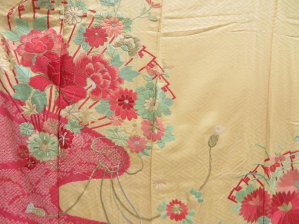 Photo8: 5329T12z1070 Vintage Japanese Kimono Silk FURISODE Folding fan Champagne (8)