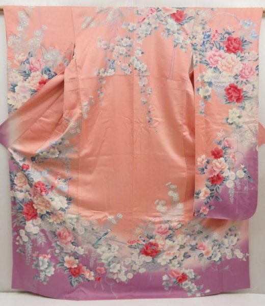 Photo1: 5329T13z1090  Japanese Kimono Silk FURISODE Peony Coral pink (1)