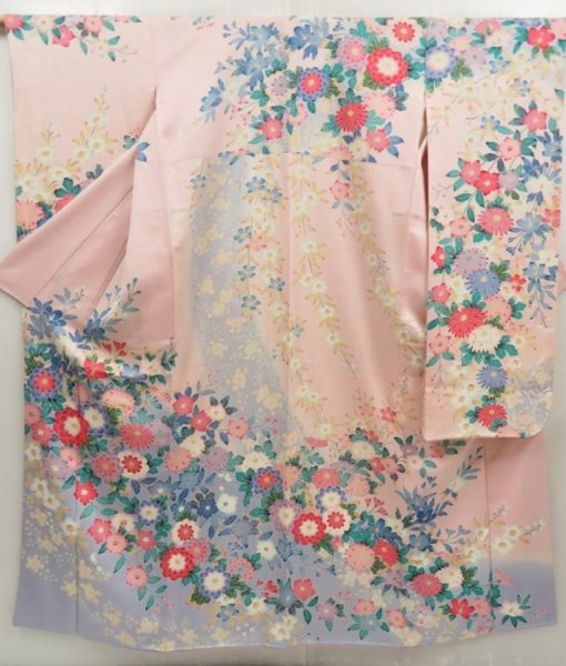 Photo1: 5329T14z1140  Japanese Kimono Silk FURISODE Flowers Pink (1)