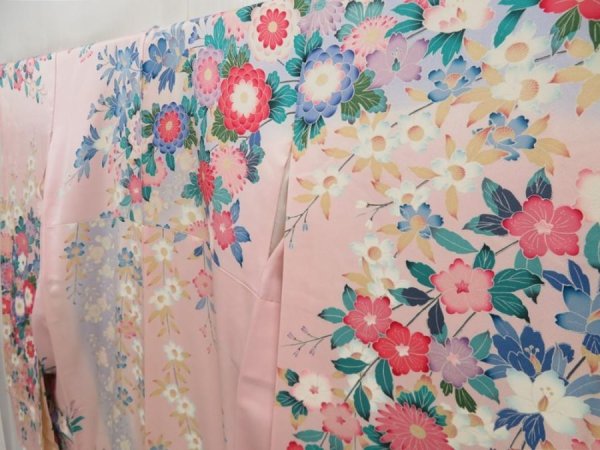 Photo2: 5329T14z1140  Japanese Kimono Silk FURISODE Flowers Pink (2)