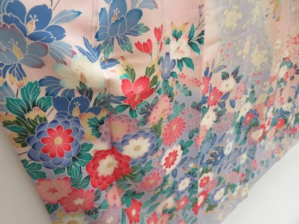 Photo3: 5329T14z1140  Japanese Kimono Silk FURISODE Flowers Pink (3)