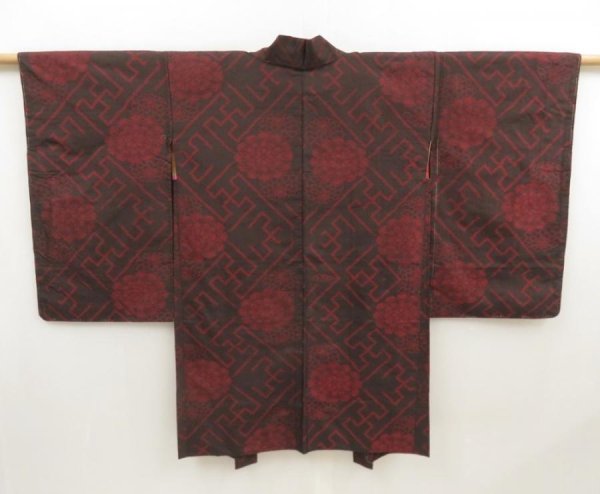 Photo1: 5330T05z390 Antique Japanese Kimono Silk OSHIMA HAORI Chrysanthemum Black (1)