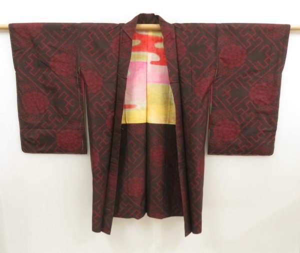 Photo5: 5330T05z390 Antique Japanese Kimono Silk OSHIMA HAORI Chrysanthemum Black (5)
