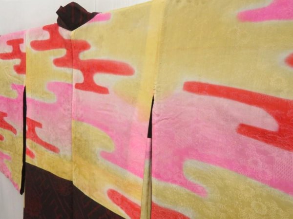 Photo7: 5330T05z390 Antique Japanese Kimono Silk OSHIMA HAORI Chrysanthemum Black (7)