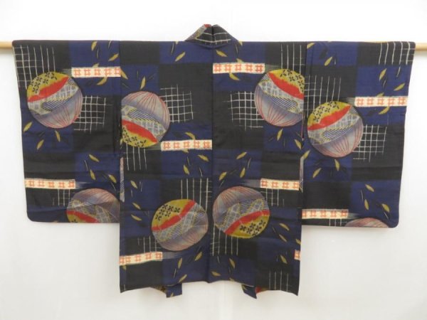 Photo1: 5330T07z460 Antique Japanese Kimono Silk MEISEN HAORI Mari Black (1)