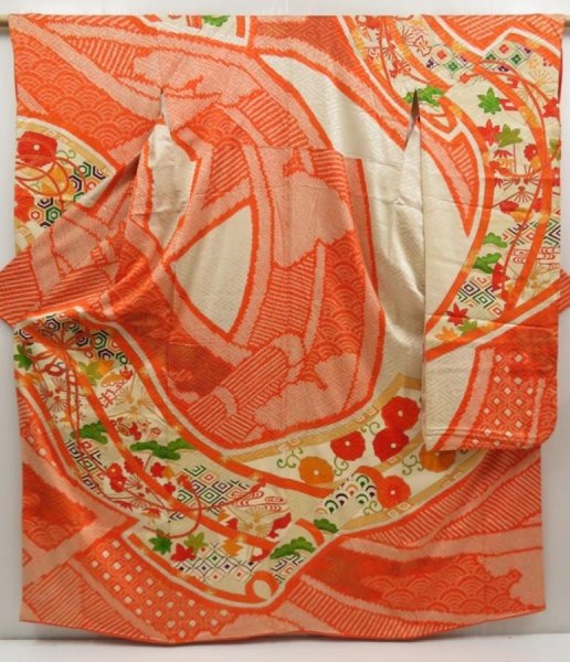 Photo1: 5330T11z1270 Vintage Japanese Kimono Silk FURISODE Flowers Dark orange (1)