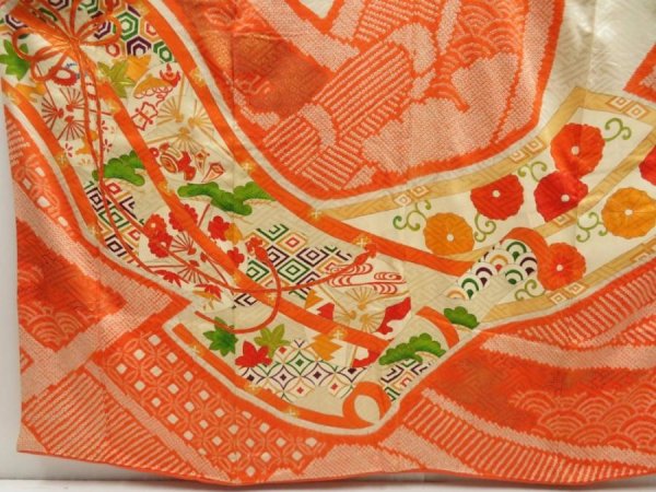 Photo5: 5330T11z1270 Vintage Japanese Kimono Silk FURISODE Flowers Dark orange (5)