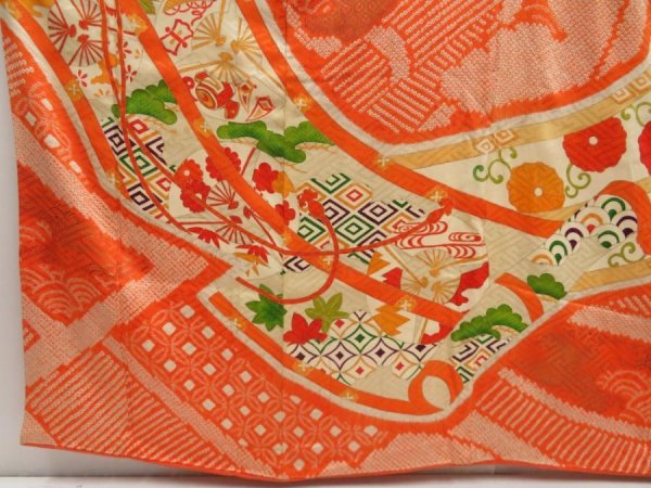 Photo6: 5330T11z1270 Vintage Japanese Kimono Silk FURISODE Flowers Dark orange (6)