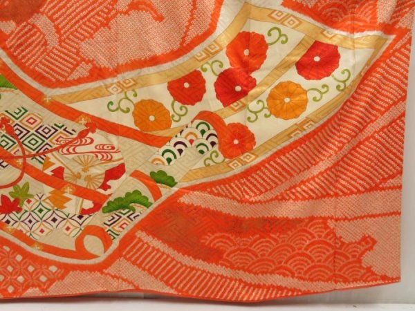 Photo7: 5330T11z1270 Vintage Japanese Kimono Silk FURISODE Flowers Dark orange (7)