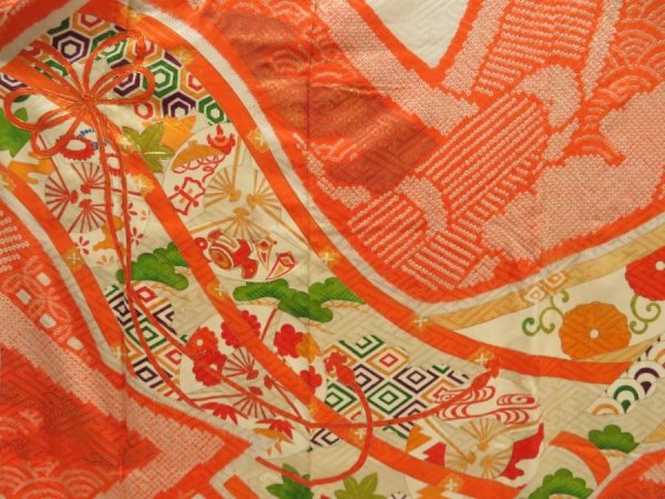 Photo8: 5330T11z1270 Vintage Japanese Kimono Silk FURISODE Flowers Dark orange (8)