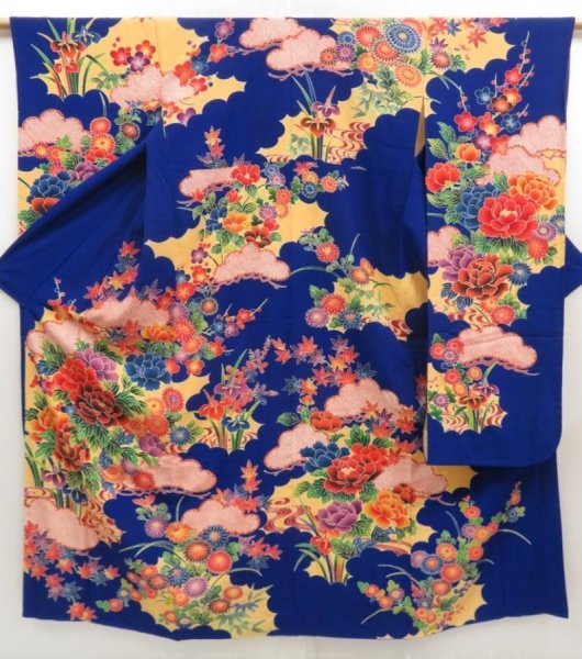 Photo1: 5330T13z1100  Japanese Kimono Crepe Silk FURISODE Peony Royal blue (1)