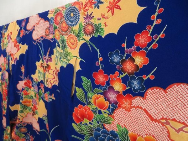 Photo2: 5330T13z1100  Japanese Kimono Crepe Silk FURISODE Peony Royal blue (2)