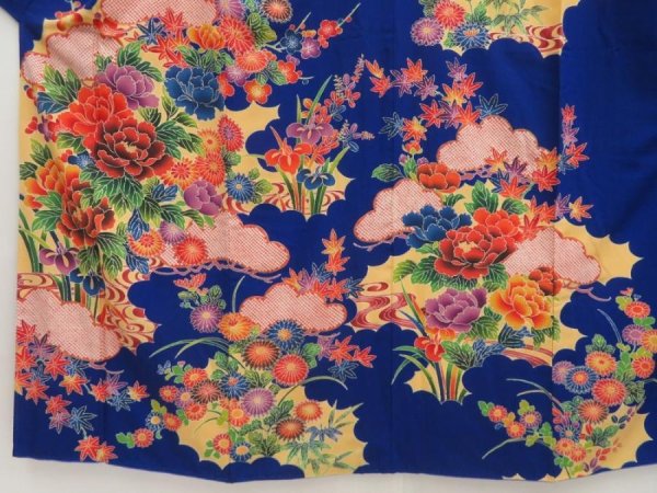 Photo5: 5330T13z1100  Japanese Kimono Crepe Silk FURISODE Peony Royal blue (5)
