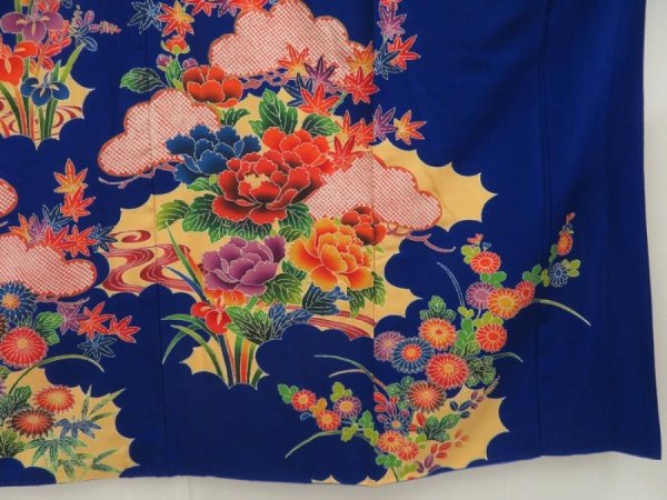 Photo7: 5330T13z1100  Japanese Kimono Crepe Silk FURISODE Peony Royal blue (7)