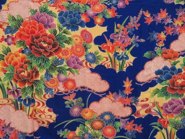 Photo8: 5330T13z1100  Japanese Kimono Crepe Silk FURISODE Peony Royal blue (8)