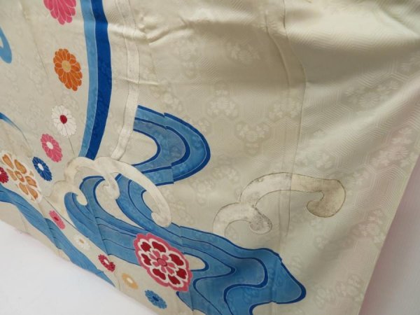 Photo4: 5330T14z880 Vintage Japanese Kimono Silk FURISODE Flowers Smoky white (4)