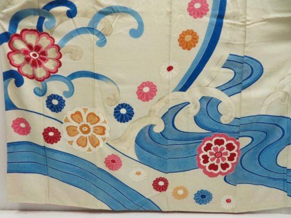 Photo5: 5330T14z880 Vintage Japanese Kimono Silk FURISODE Flowers Smoky white (5)