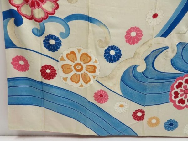 Photo6: 5330T14z880 Vintage Japanese Kimono Silk FURISODE Flowers Smoky white (6)