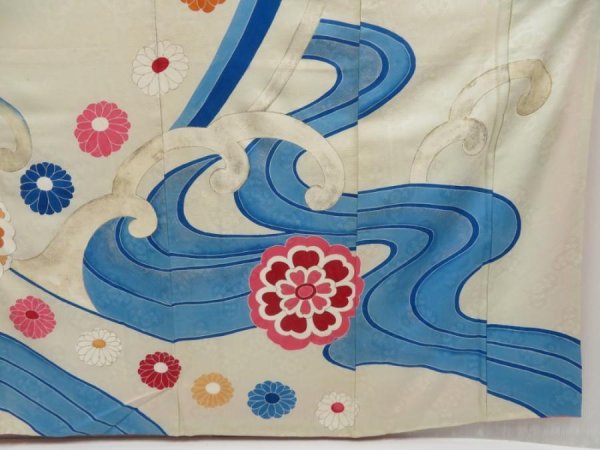Photo7: 5330T14z880 Vintage Japanese Kimono Silk FURISODE Flowers Smoky white (7)