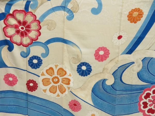 Photo8: 5330T14z880 Vintage Japanese Kimono Silk FURISODE Flowers Smoky white (8)