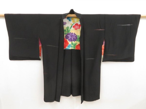 Photo1: 5403T05z480 Vintage Japanese Kimono Silk HAORI  Black (1)