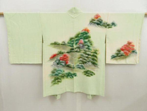 Photo1: 5403T06z610 Vintage Japanese Kimono Silk HAORI Garden Light green (1)