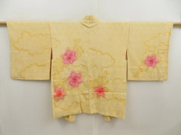Photo1: 5403T09z480 Vintage Japanese Kimono Silk SHIBORI HAORI Flower Straw yellow (1)