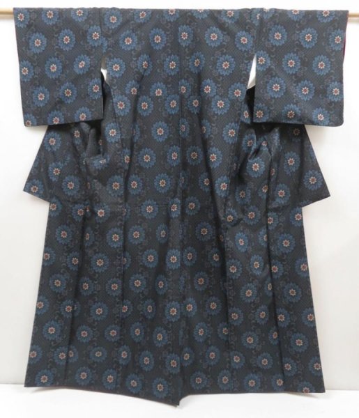 Photo1: 5403T12z730 Vintage Japanese Kimono Silk OSHIMA TSUMUGI Flower Black (1)