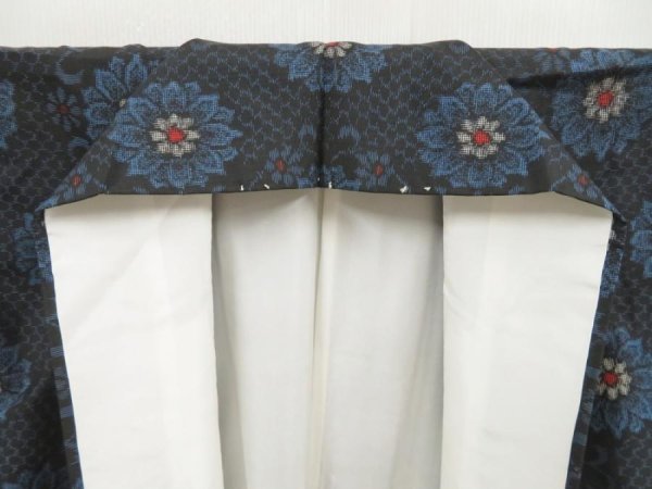 Photo7: 5403T12z730 Vintage Japanese Kimono Silk OSHIMA TSUMUGI Flower Black (7)