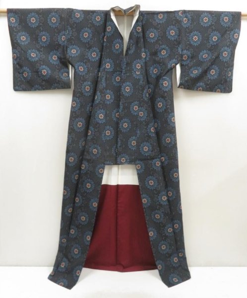 Photo8: 5403T12z730 Vintage Japanese Kimono Silk OSHIMA TSUMUGI Flower Black (8)