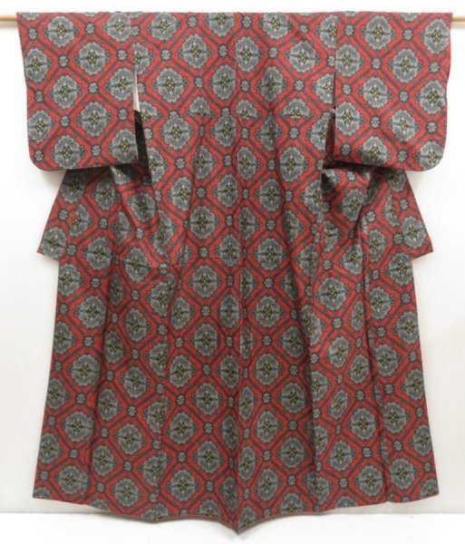 Photo1: 5403T14z690 Vintage Japanese Kimono Silk OSHIMA TSUMUGI Camellia Red (1)