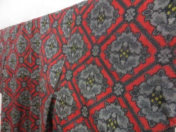 Photo2: 5403T14z690 Vintage Japanese Kimono Silk OSHIMA TSUMUGI Camellia Red (2)